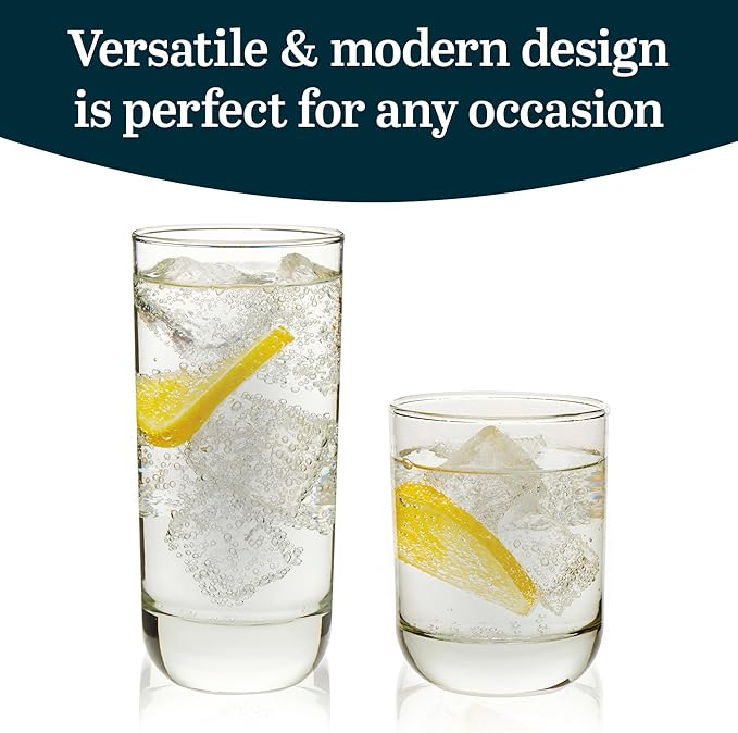 Polaris Tumbler & Rocks Drinking Glasses Set of 16, Clear Glass Cups | 16.25 oz and 12.25 oz Capacities for Water, Juice, Cocktails, and More with Dishwasher-Safe Convenience for Easy Cleanup