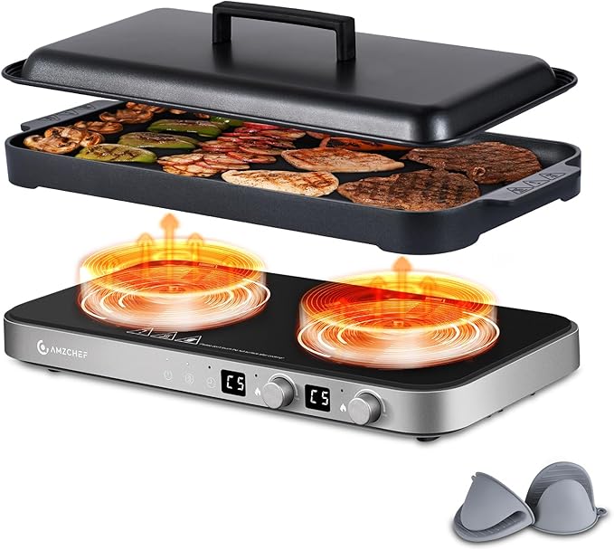 AMZCHEF Double Induction Cooktop, 1800W 2 Burner with Griddle Pan, Grey | non-stick removable griddle pan; ceramic glass surface; 2 independent cooking zones; 9 power levels; 99-min timer; child lock