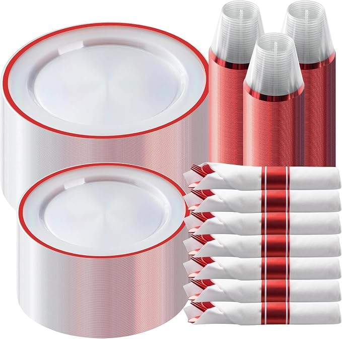350 Pcs Clear Red Plastic Dinnerware Sets for Party for 50 Guests | Red Plastic Plates Includes 100 Plates, 50 Pre Rolled Napkins with Cutlery Set, 50 Cups for Graduation, Wedding, Christmas