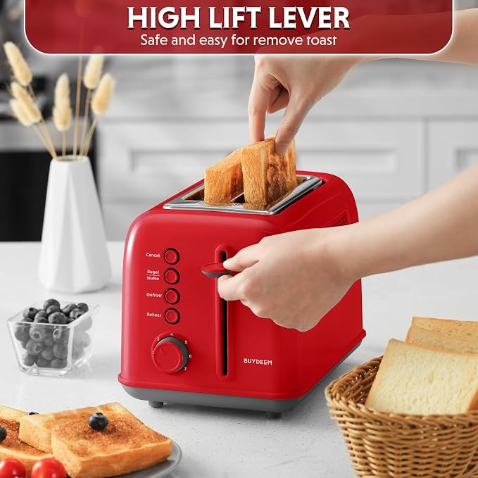 BUYDEEM DT620 2-Slice Toaster, 7 Shade Settings, Extra Wide 1.5'' Slots for Bagel & English Muffin, 6 Toasting Functions, Retro Stainless Steel Toaster with High Lift Lever, Red