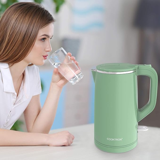 COOKTRON 1.7L Electric Kettle Quiet, Double Wall Hot Water Boiler BPA-Free, Quiet Boil and Cool Touch Tea Kettle, Cordless with Auto Shut-Off & Boil Dry Protection, 1500W Fast Boiling, Green