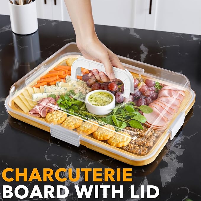 SpaceAid Charcuterie Board with Clear Lid, Portable Travel Cheese Cutting Boards for Picnic Accessories, Bamboo Serving Tray with Lids, House Warming Gifts, White Handles, 1 Compartments