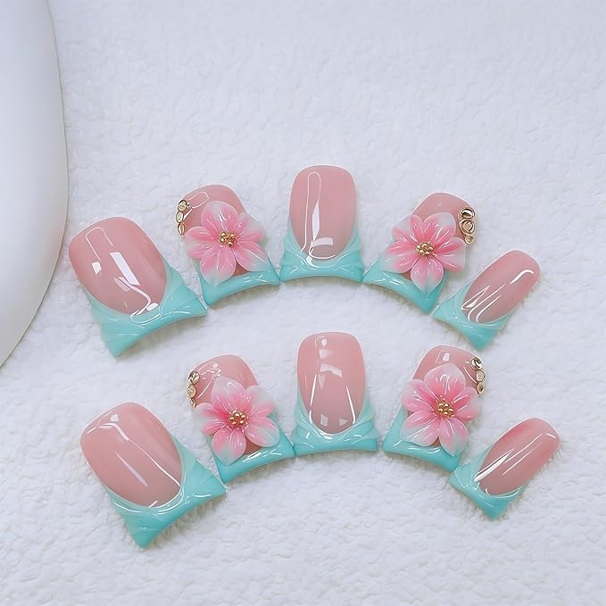 Duck Press on Nails Handmade 3D Pink White Flower Fake Nails Muti-Layer Soft Gel Short Blue French Tip Acrylic Nails Salon Quality Handmade False Nail Press Ons Luxury Stick on Nail for Women (M)