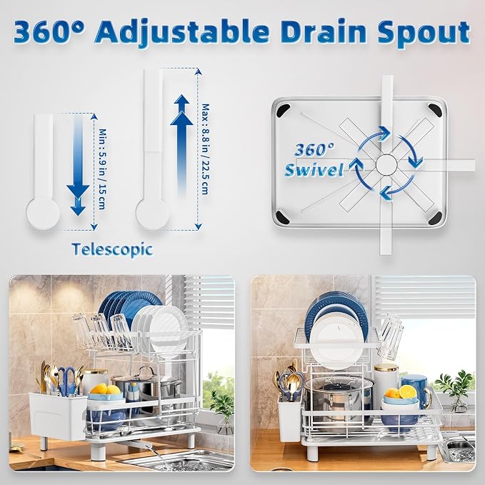 Dish Drying Rack,Stainless Steel-Dish Rack,Double Layer, | Dish Racks for Kitchen Counter, Kitchen Dish Drainers with Removable Utensil Holder,New Drain Outlet,