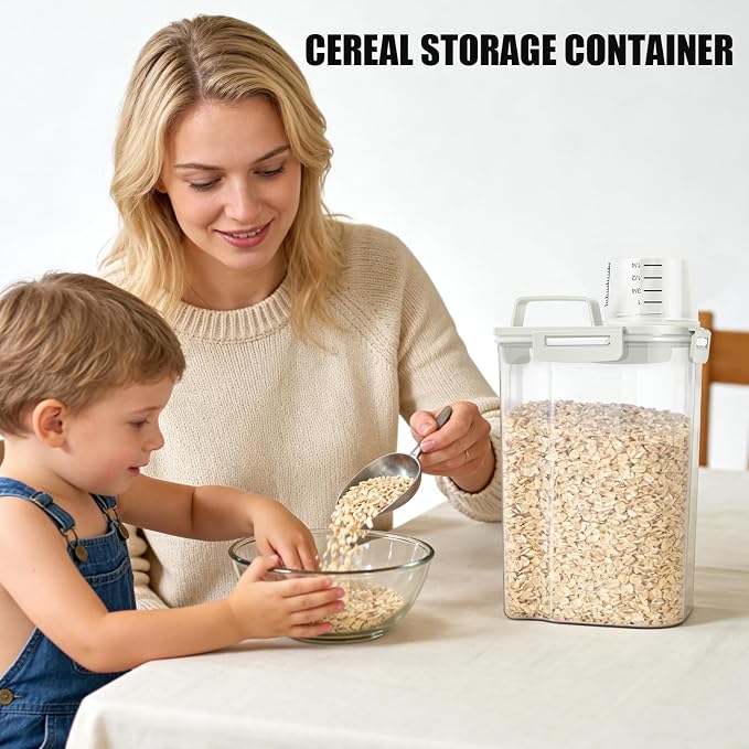 2 Pack 3 Lbs Pet Dog Cat Bird Seed Food Storage Containers for Travel Beige | Airtight Flour Container 5 Lbs with Large Pour Spout Measuring Cup Portable Rice Dispenser Cereal Oatmeal Holder