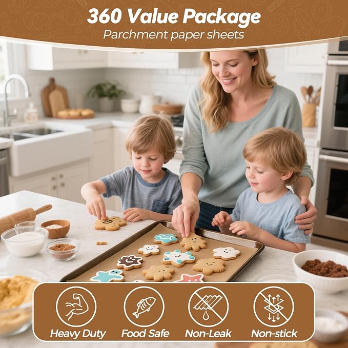 360 Count 9"x 13" Heavy Duty Parchment Paper Sheets for Baking | No-Stick & No-Leak Unbleached Baking Paper, Pre-cut Half Parchment Paper Sheets for Oven, Air Fryer, Microwave