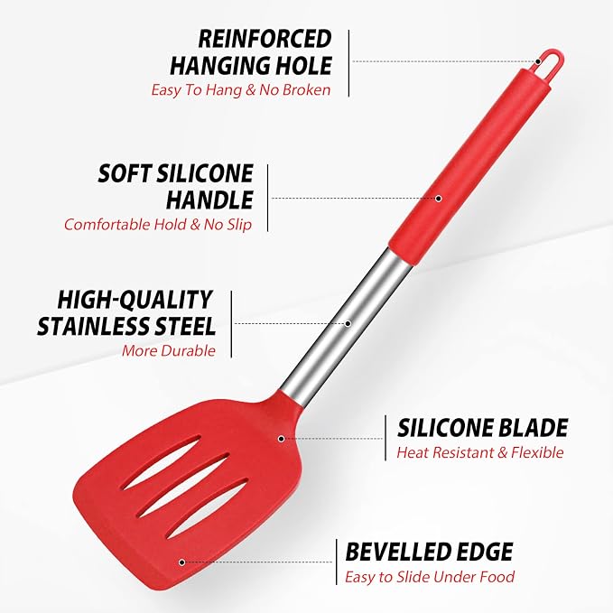 Large Silicone Cooking Spatulas and Spoons, BPA Free, 4 Pack (Red) | Slotted & Solid Stainless Steel Cooking Utensils Set, Non-stick Heat Resistant Kitchen for Baking, Fried, Stir-Fry, Serving