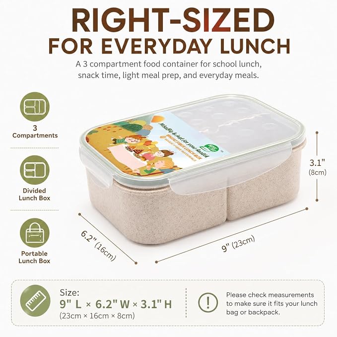 MISS BIG® Bento Lunch Box for Adults & Kids, 1900ml, 3 Compartments, White | 1900ml BPA-free 3-compartment lunch box for adults, kids and dry foods