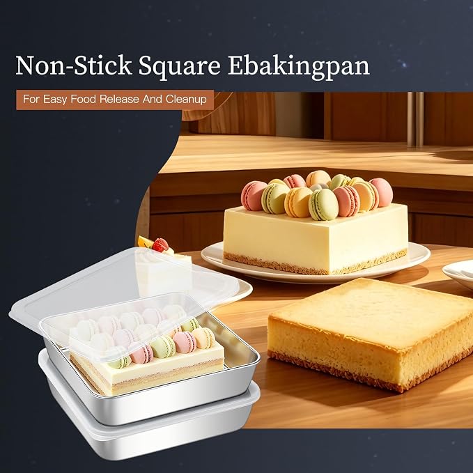 Premium 18/0 Stainless Steel Square Cake Pan with PE Lid (2-Pack), 8x8x2 Inch Heavy-Duty Baking Mold for Brownie, Casserole & Oven Baking, Dishwasher Safe Bakeware Set