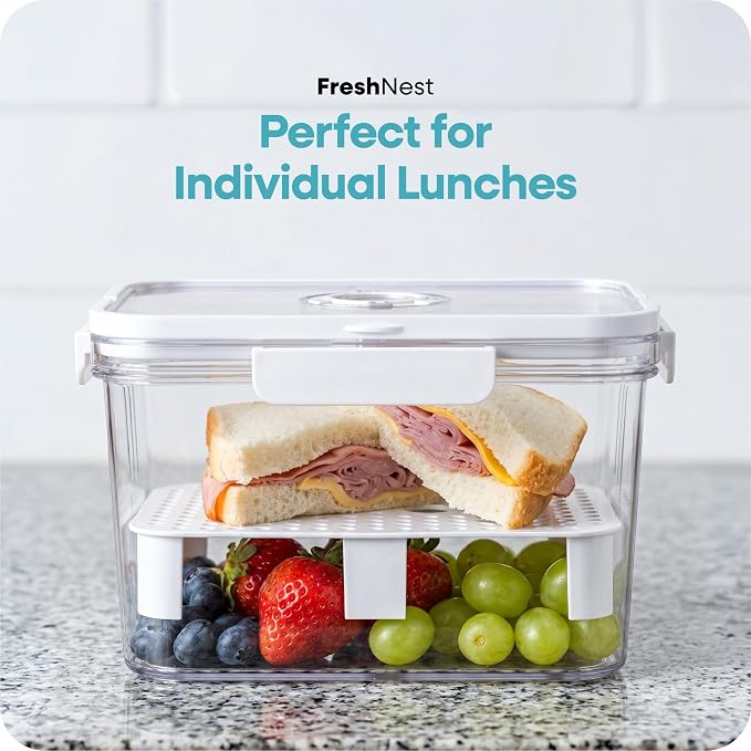 FreshNest 2 Pack Food Storage Containers with Lids, Drain Tray, Date Tracker & Carry Handle for Fruit, Lunch, Snacks, BBQ Prep, Picnic & Fridge Organization