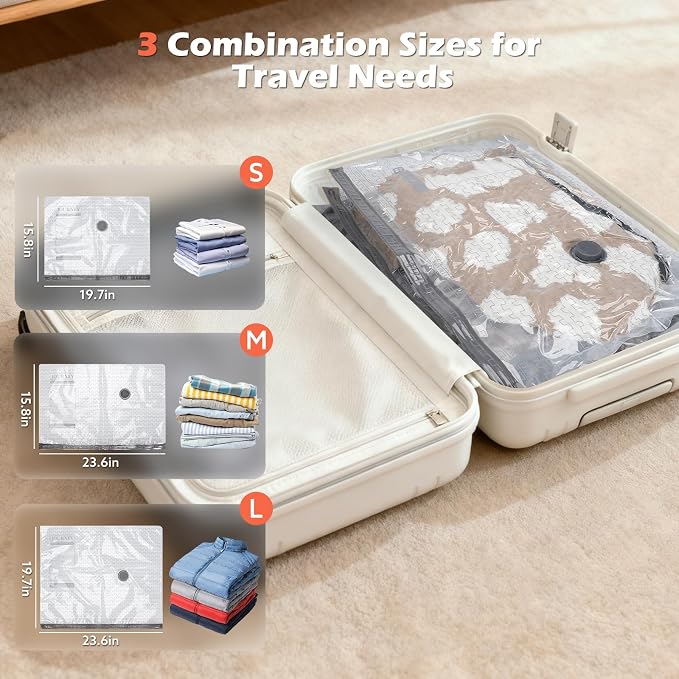 Travel Vacuum Bags with Wireless Recharging Pump | 15 Pack Vacuum Seal Bags with 3 Sizes for Clothing Travel, Space Saver for Luggage, Business Trip, Home Storage