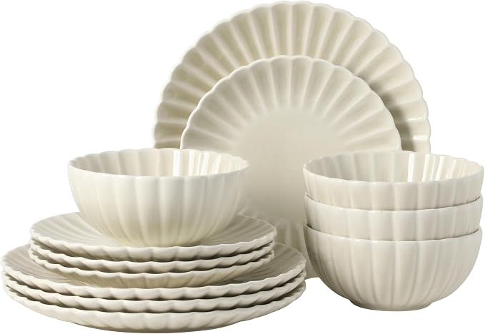 Gibson Elite Peach Orchard 12-Piece New Bone China Dinnerware Set Service for 4, Embossed Fluted Plates and Bowls, Dishwasher and Microwave Safe, Cream White