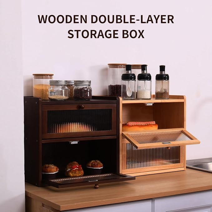 Double 2 Layer Large Bread Box for Kitchen Counter, Wooden Bread Storage Container Organizer Holder with Acrylic Window (brown)