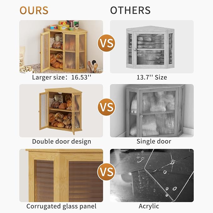 Extra Large Corner Bread Box for Kitchen Countertop, 16.5 inch Bamboo Double Layer Bread Storage with Glass Wavy Door Panel, Eco-Friendly and Stylish Design(Bamboo)
