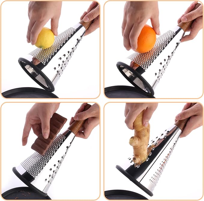 Cone Cheese Grater with Handle - Stainless Steel Triple Function Wood Handle Parmesan Shaver Non-Slip Rubber Bottom Hand Held Multifunction Vegetables Cheese Grater with container(S: 7.7" X 3.5")