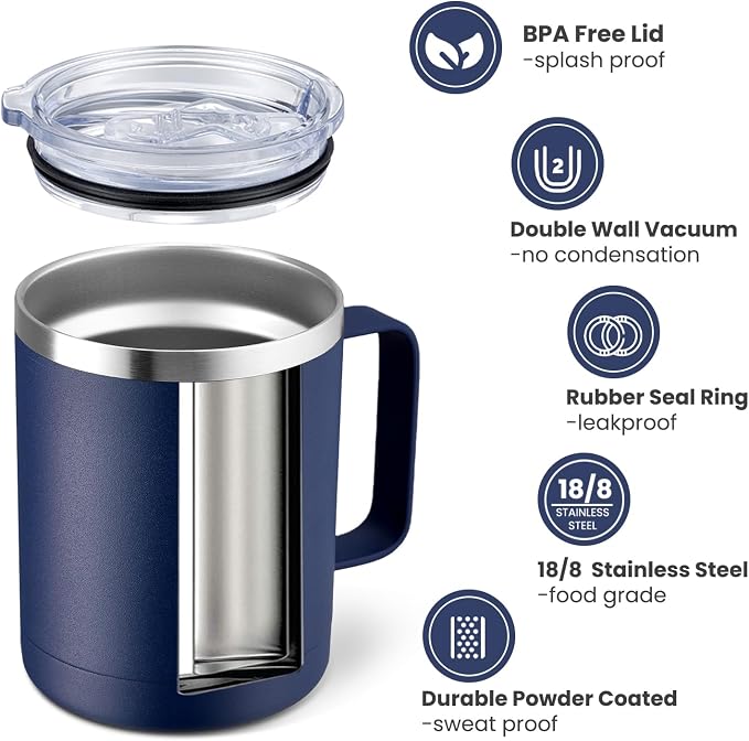 MEWAY 12oz Coffee Mug With Handle 4 Pack Bulk,Stainless Steel Insulated Travel Tumblers With Sliding Lid,Double Wall Vacuum Camping Cup for Hot & Cold Drinks Tea (Navy,Set of 4)