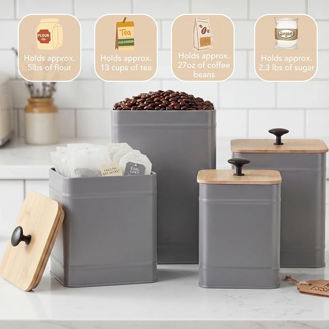 PERFNIQUE Kitchen Canisters, Airtight Canister Sets for Kitchen Counter, Kitchen Canisters for Countertop Set of 4, Coffee Tea Sugar Flour Spice Tin Jars Food Storage Container with Lid(Grey)