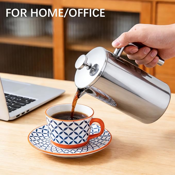 French Press Coffee Maker, 304 Grade Stainless Steel French Press with 2 Extra Filters for Home, Office, Travel, Camping - 34OZ/1 Litre (Sliver)