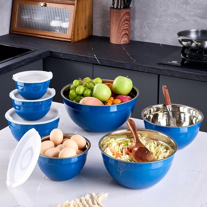 Blue Mixing Bowls With Airtight Lids,Stainless Steel Bowl,Salad Bowls 7 Piece Colorful Nesting Bowl Blue Kitchen Accessories,Size 7,3.6,2.7,2.1,1.5,1.1,0.8QT Stackable Design