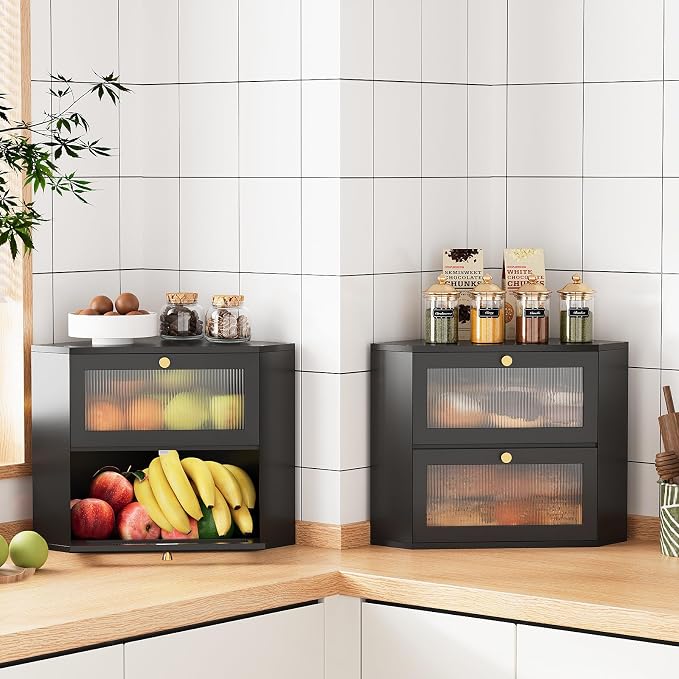 Trironsun Corner Bamboo Bread Box for Kitchen Counter Double Layer Bread Storage Container Large Capacity Bread Storage Bin with Wavy Arcylic Transparent Door (Black)
