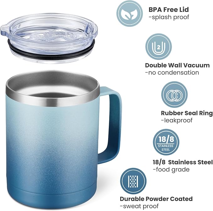 MEWAY 12oz Coffee Mug With Handle and Sliding Lid,Stainless Steel Travel Tumbler Cup with Handle,Double Wall Vacuum Insulated Camping Cup for Hot & Cold Drinks Tea (Blue Waves,Set of 1)