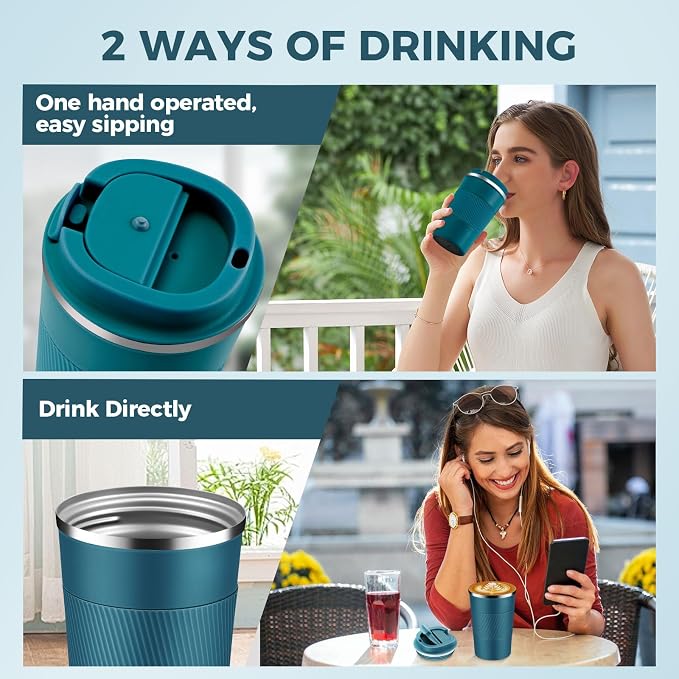 Volhoply 13 oz Stainless Steel Insulated Travel Coffee Mug with Fip Lid,Reusable Double Wall Vacuum Metal Coffee Cup,Portable to Go Leak Proof Cafe Thermal Tumbler for Hot & Cold Drinks(Bule,1)