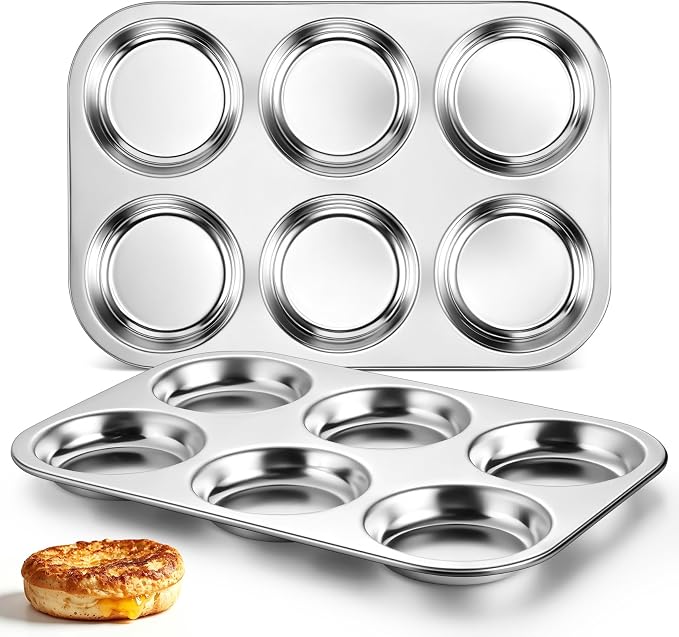 TeamFar Muffin Top Pan, 2 PCS 6 Cavity Stainless Steel Shallow Cupcake Pan | Muffin Tin for Baking Yorkshire Pudding, Whoopie Pie, Egg Bite, Hamburger Bun, Non Toxic & Dishwasher Safe