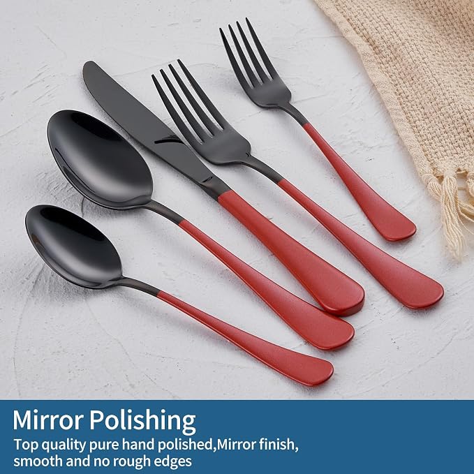 20-Piece Red Silverware Set 18/0 Stainless Steel Black Silverware Set Red Handle Cutlery Set Service for 4 Dinner Knives Forks Spoons Set Black Flatware SetFinish Dishwasher Safe