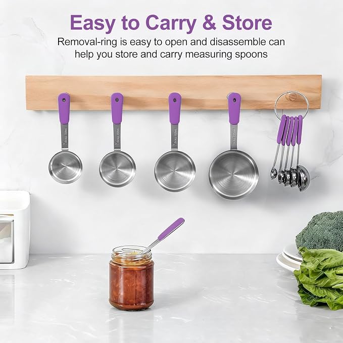 Bopei Measuring Cups and Spoons Set Stainless Steel 10 Piece for Cooking and Baking (5 Cups + 5 Spoons, Purple Handle)