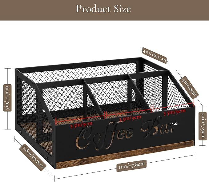 Coffee Station Organizer for Countertop, Coffee Bar Organizer | Wooden Coffee Organizer Station , Cup Condiment Holder , Sugar Creamer Caddy with Mesh Compartments for Pods, K Cups, Stirrer