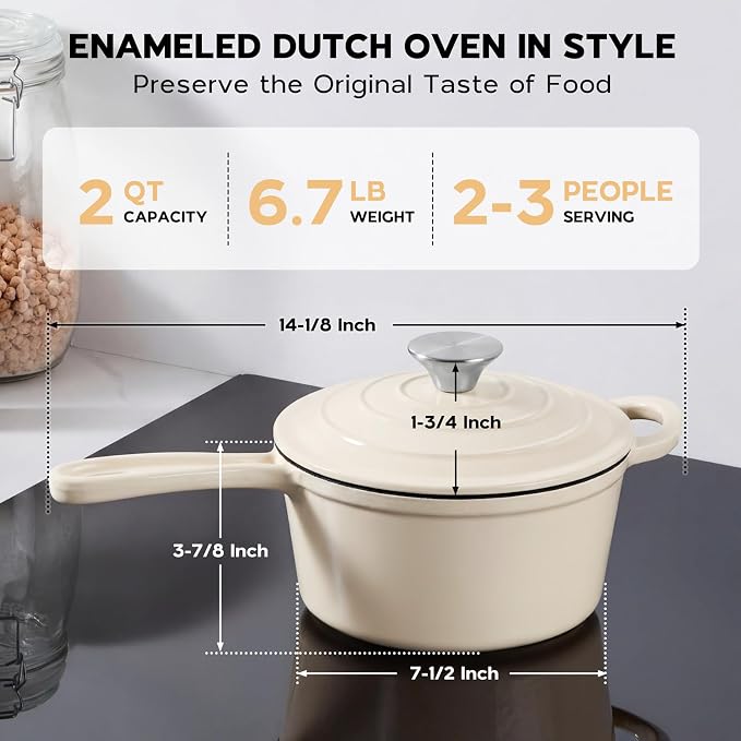 Onader 2QT Saucepan with Lid, Enameled Cast Iron Sauce Pan Pot, Small Dutch Oven Cooking Kitchen Pot, Nonstick & Heavy Duty – Cream White