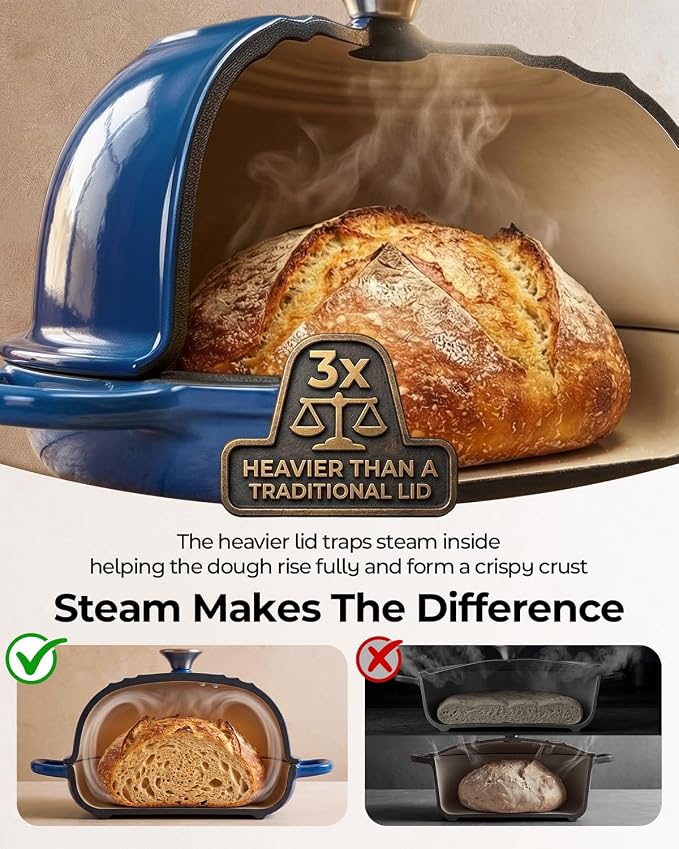 5QT Enameled Cast Iron Sourdough Bread Oven & Starter Kit, Blue | Tight-fitting Dome Lid Helps Retain Steam, Baking Kit Supports Proofing, Scoring & Dough Transfer, Complete Artisan Bread Set