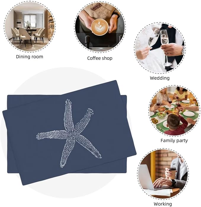 Summer Coastal Placemats Set of 4, Beach Theme Ocean Navy Blue Starfish Decorative Table Mat 12 x 18 Inch Heat Resistant Non Slip Line Fabric Nautical Place mat for Dining Table