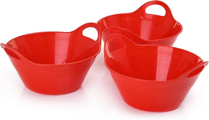 Mintra Home Plastic Bowls with Handles (970ml Small 3pk, Red) - 6.75inW x 3inH - for snacks, candy, popcorn, gift basket, lightweight serving bowl for party, 3 Pack
