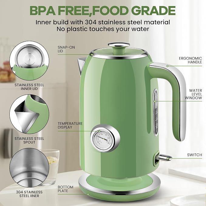 PUKOMC Electric Kettle, 1.7L Stainless Steel Electric tea kettle | Temperature Gauge, Fast Boiling, Auto Shut - off, BPA - Free, Boil - Dry Protection 1500W, LED Light, Easy clean