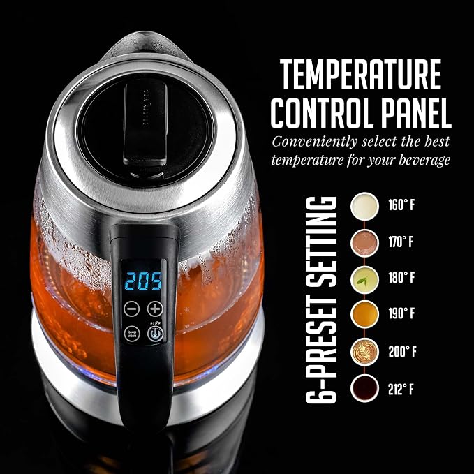 OVENTE 1.8L Glass Electric Kettle with Tea Infuser, Silver KG661S | 1500W Fast Boiling, Easy Fill Lid, 6 Temperature Control, Keep Warm, Digital Display, BPA-Free, Auto Shut-Off, 360° Base