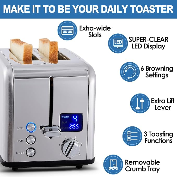 CUSIMAX 2 Slice Stainless Steel Toaster with Digital LED Display, Silver | 1.5" Wide Slots for Bagels & Thick Bread, Countdown Timer, 6 Browning Levels, Bagel/Defrost/Cancel, Removable Crumb Tray