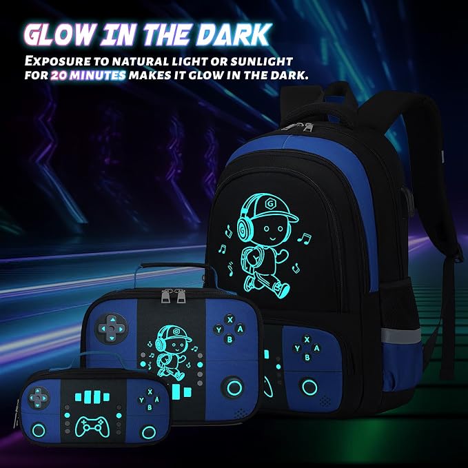 Backpack for School Boys, Cool Luminous Gamer Boys Schoolbag | with Lunch Box & Pencil Case Set for Kids Teens Elementary Middle School, Bookbag Glow In The Dark