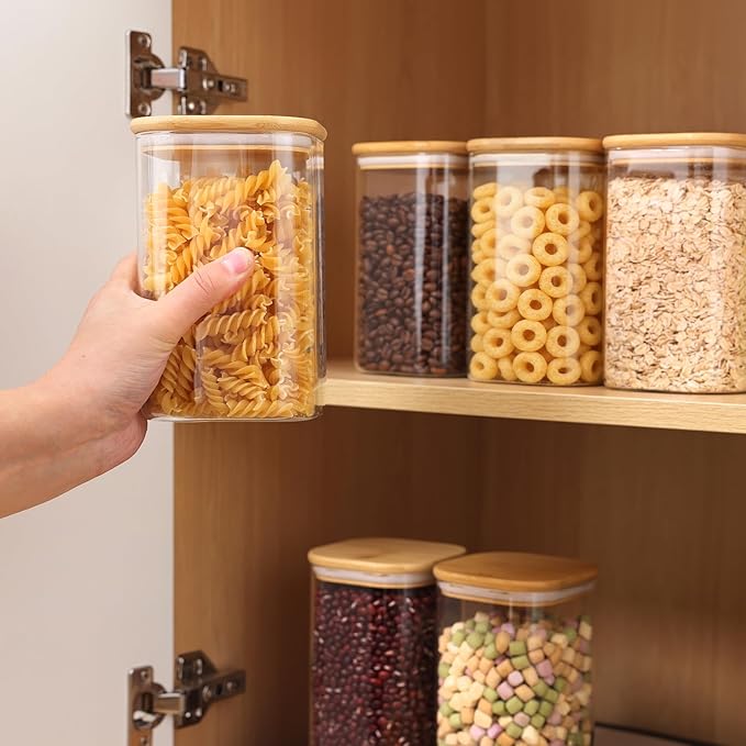 Moretoes 6pcs Glass Food Storage Containers with Lids, 1.2qt Glass Jars | Square Glass Storage Containers with Bamboo Press Lids, Airtight Pantry Storage Jars for Flour, Sugar, Dry Goods