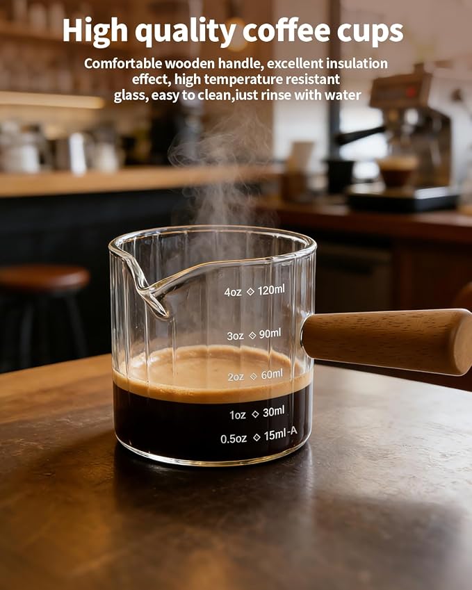 Espresso Measuring Cup 4 Oz, Espresso Glass Cups with Wood Handle, Milk Frothing Cup, Espresso Cup for Coffee, Milk, Tea or Maple Syrup Serving (Transparent, 4 oz)