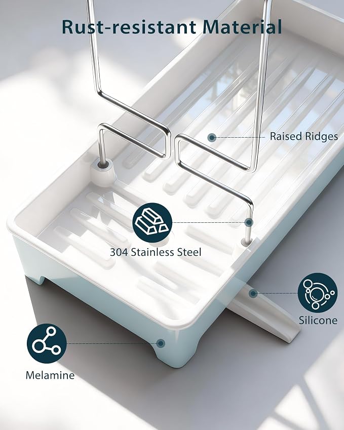 Minimalist Sink Caddy, Rustproof Sponge Holder for Kitchen Sink Blue | Large Rustproof countertop organizer with 304 stainless steel brush holder, raised ridges and silicone drain tube