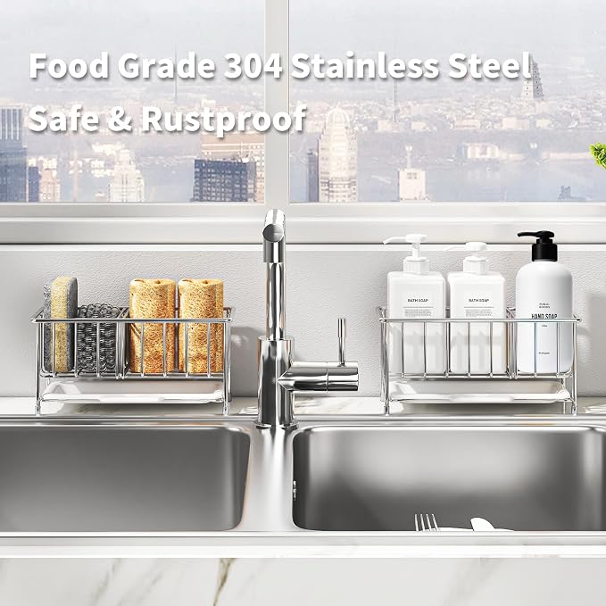 Kitchen Sink Sponge Holder, 304 Stainless Steel | Soap Dispenser Caddy Organize, Kitchen Sink Brush Caddy Holder with Removable Drain Tray
