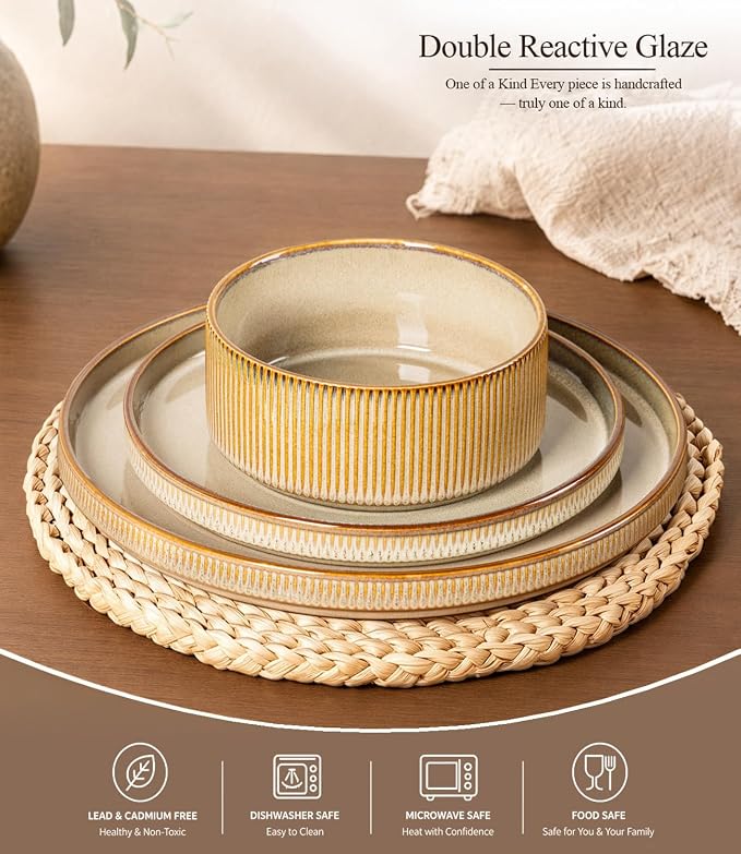 GBHOME Stoneware Dinnerware Sets for 4, 12-Piece Plates and Bowls Set | Handmade Reactive Glaze Ceramic Dish Set, Scratch Resistant, Dishwasher&Microwave Safe,Barley Latte