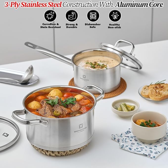 WAGENSTEIGER 2.23 Quarts 3-Ply Stainless Steel Saucepan with Aluminum Core, Tempered Glass Lid, Compatible with All Cooktops, Quick & Even Heating, Rust & Corrosion Resistant (6.89" Diameter)