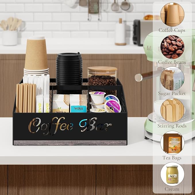 Coffee Bar Organizer for Countertop, Wood Coffee Station Organizer | Coffee Cup and Supplies Holders with Metal Mesh Baskest, Stirrer Sugar Creamer Caddy, Coffee Bar Accessories and Organizer