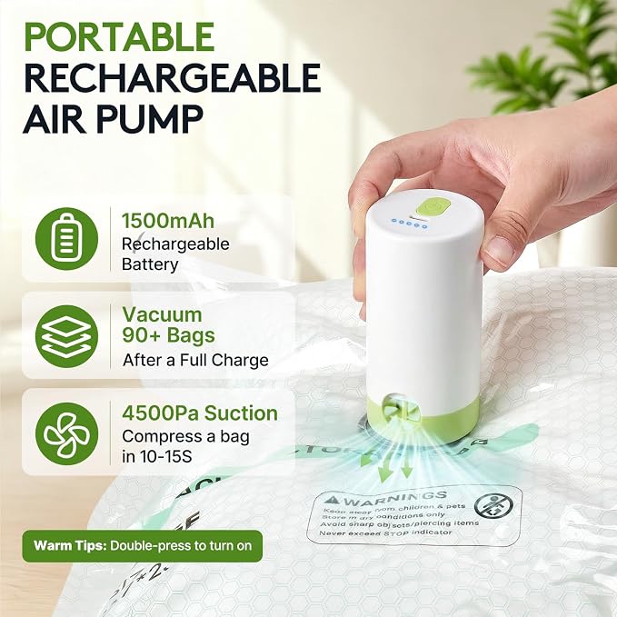15+1 Packs Vacuum Bags for Travel with Rechargeable air Pump, 3 Sizes Vacuum Seal Bags for Clothing, Space-Saving Compression Storage Bags for Travel & Closet Organization