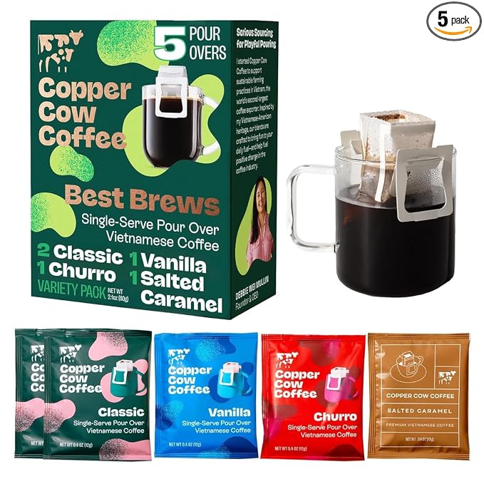 Copper Cow Coffee Vietnamese Pour Over Variety Pack, 5 Single-Serve Filters | Includes 2 Classic Black, 1 Churro, 1 Vanilla, 1 Salted Caramel; real cinnamon and vanilla beans, no artificial flavors