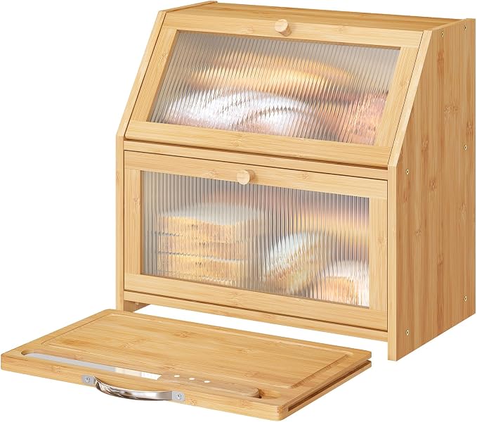 Extra Large Bread Box with Cutting Board Bamboo Wood Bread Box for Kitchen Counter, Double Layer Large Capacity Bread Storage Bin with Acrylic Wavy Door Panel (Natural)