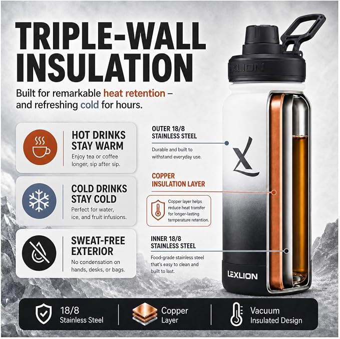 Lexlion Tea Infuser Water Bottle 22 Oz – Triple Wall Insulated Stainless Steel, Loose Leaf & Fruit Strainer, 3 Leakproof Lids, BPA-Free Silicone Sleeve, Reusable Thermal Mug