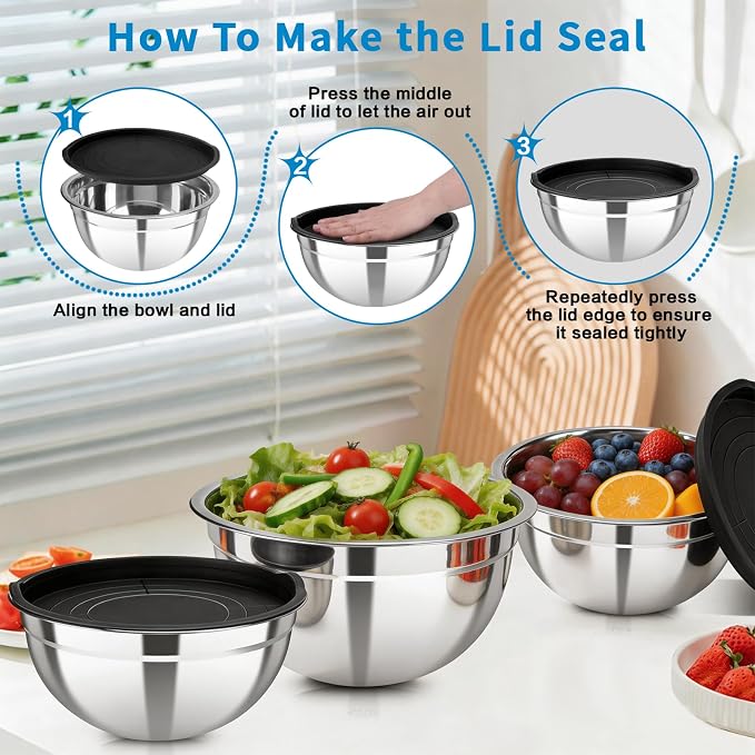 7 Pack Stainless Steel Mixing Bowls with Airtight Lids Set | 4.5qt, 4, 3.5, 2.1, 1.5, 1.1, 0.7QT, Nesting Design Metal Mixing Bowls Salad Bowl for Mixing, Prepping and Serving Food